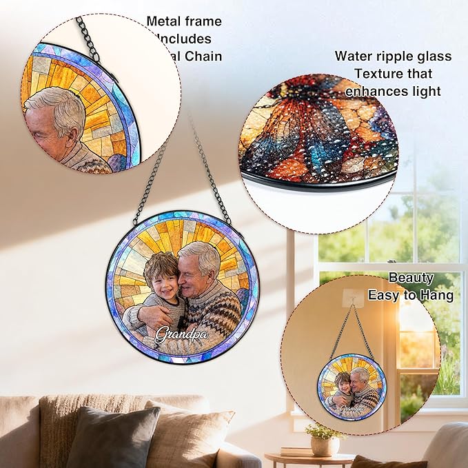 Personalized Grandma Stained Glass Windows Hanging, Family Picture Suncatcher Ornament, Custom Mothers Day Photo Gift from Grandkids, Birthday Grandparents Mom Gifts