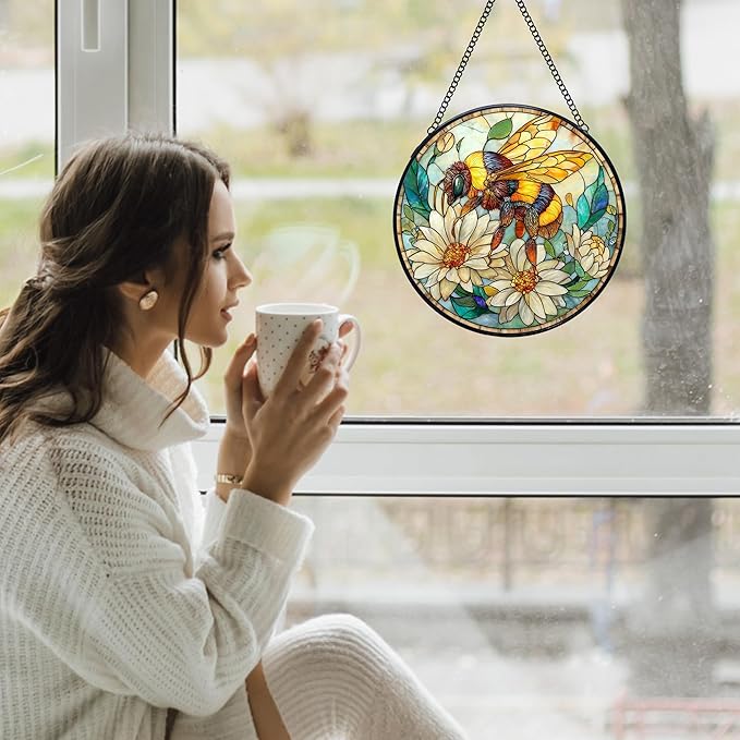 Vintage Bee Wildflowers Stained Glass Window Hanging Suncatchers, Honey Bee Sun Catchers Indoor Window Glass Wall Art Decor Sculptures, Daisy Garden Wall Hanging Decor Sculptures, 7.9x7.9in