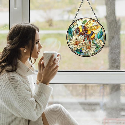 Vintage Bee Wildflowers Stained Glass Window Hanging Suncatchers, Honey Bee Sun Catchers Indoor Window Glass Wall Art Decor Sculptures, Daisy Garden Wall Hanging Decor Sculptures, 7.9x7.9in