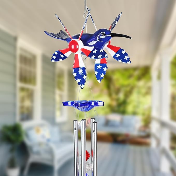 Exhart WindyWing Patriotic Hummingbird Wind Chime with American Flag Wings That Spin in The Breeze, 8 by 18 Inches
