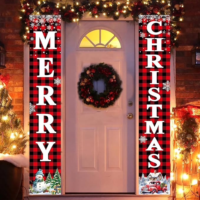 Christmas Decorations Outdoor Yard: Large Red Black Front Porch Sign, Buffalo Plaid Xmas Door Banner, Hanging Merry Christmas Decor for Home School Office Indoor Wall Garage Yard Outside