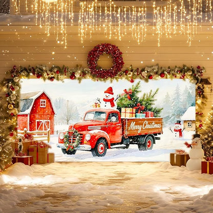 IVN Merry Christmas Garage Door Banner 13x6ft Festive Backdrop Decoration Red Truck Snowman Christmas Photo Prop Background for Joyful Holiday Yard Door Cover Background Outdoor Winter Scene