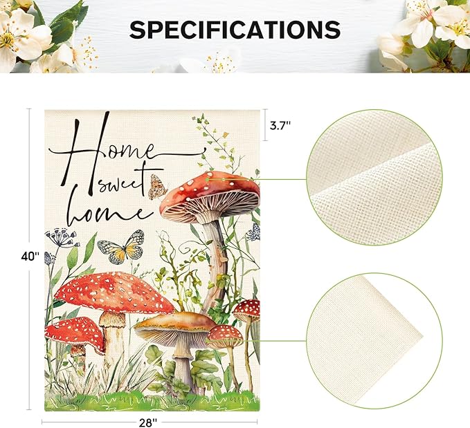 AVOIN colorlife Home Sweet Home Spring Mushrooms House Flag 28 x 40 Inch Double Sided, Seasonal Flowers Welcome Yard Outdoor Flag