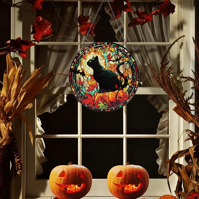 Stained Glass Window Hanging, Halloween Decorations Black Cat Maple Leaf Suncatcher for Doors Garden Indoor Funny Spooky Sun Catchers Gothic Decor for Women, Men, and Mom 7.8 in