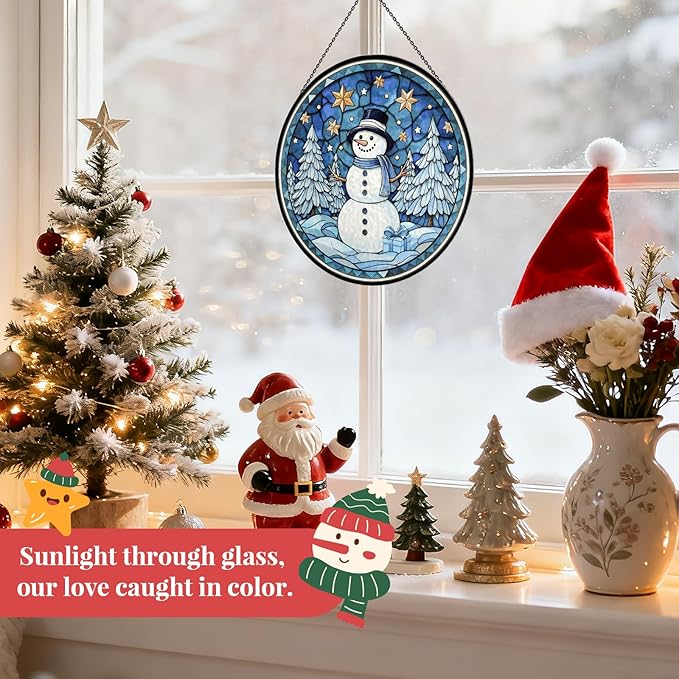 Christmas Snowman Stained Glass Window Hanging, 7.9" Snowman Sun Catcher Glass Panel with Chain, Xmas Snowmen Hand Painted Round Glass Gifts for Couples, Christmas Snowmen Housewarming Gift