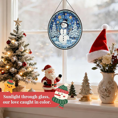 Christmas Snowman Stained Glass Window Hanging, 7.9" Snowman Sun Catcher Glass Panel with Chain, Xmas Snowmen Hand Painted Round Glass Gifts for Couples, Christmas Snowmen Housewarming Gift
