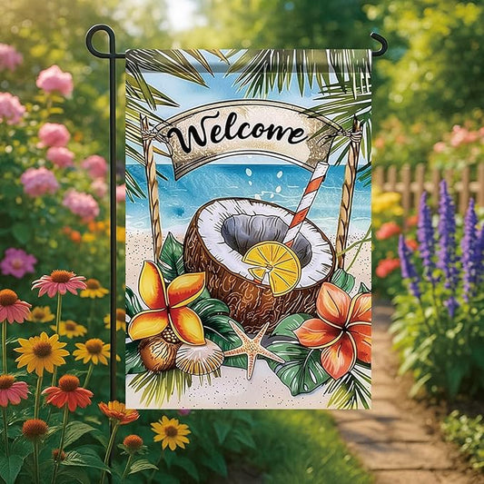 Welcome Coconut Drink Garden Flag Tropical Beach Palm Leaves Ocean Outdoor Yard Porch Lawn Garden Decor for Summer Seaside Patio Coastal Farmhouse Seasonal Home Display