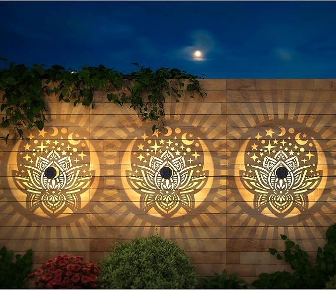 gardencave 2 Pack Solar Fence Lights Metal Solar Powered Outdoor Wall Deck Lights Lotus Theme Waterproof Fence Light for Garden Post Patio Backyard Yard Decor (Lotus, 2 Pack)