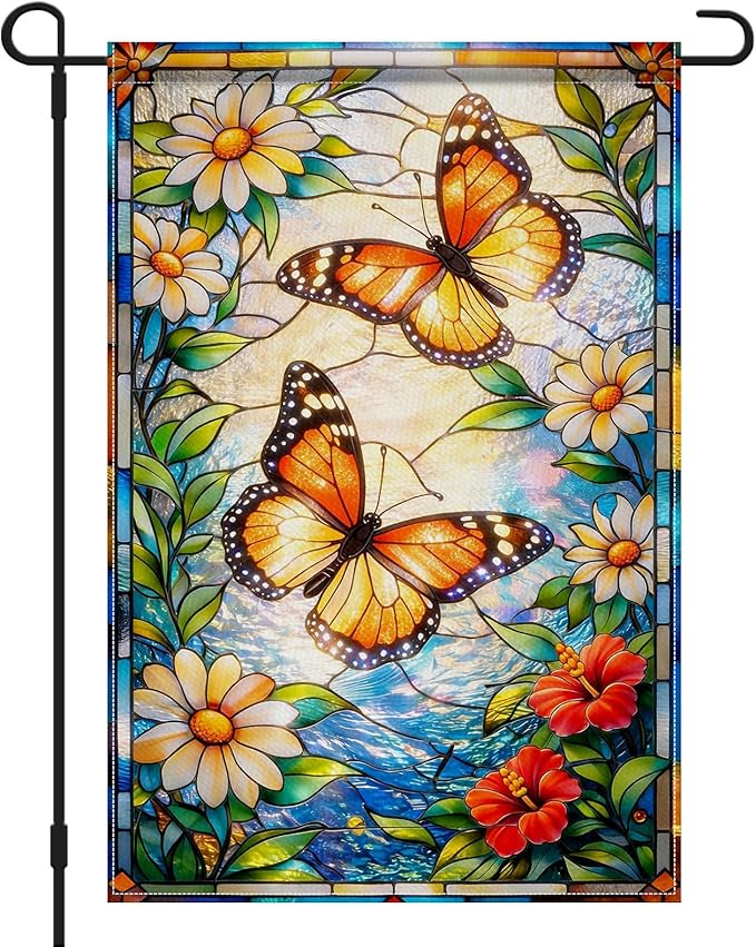 IVN Stained Glass Butterfly Garden Flag 12x18 Inch – Daisy Floral Outdoor Flag, Double Sided Burlap Spring Summer Yard Flag for Porch Lawn Patio Decor