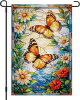 IVN Stained Glass Butterfly Garden Flag 12x18 Inch – Daisy Floral Outdoor Flag, Double Sided Burlap Spring Summer Yard Flag for Porch Lawn Patio Decor