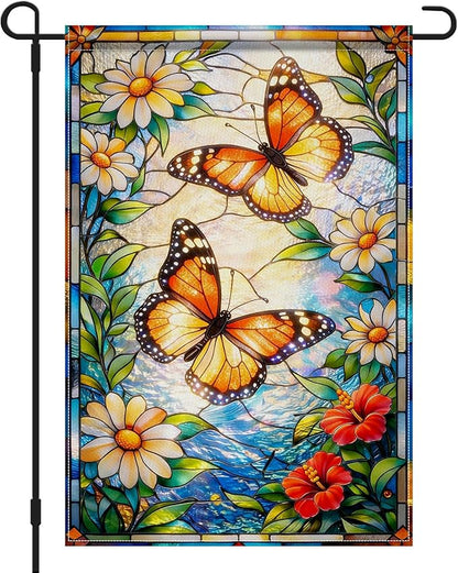 IVN Stained Glass Butterfly Garden Flag 12x18 Inch – Daisy Floral Outdoor Flag, Double Sided Burlap Spring Summer Yard Flag for Porch Lawn Patio Decor
