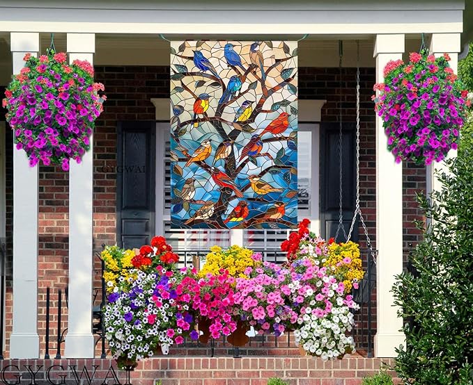 Stained Glass Spring Birds House Flag 28x40 Inch Double Sided Welcome Flag Burlap Large Outdoor Flag for Seasonal Farmhouse Yard Outdoor Decor