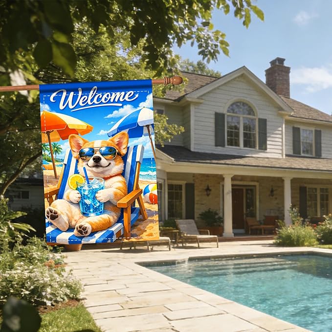 Nuxovilar Large Summer Garden Flag Welcome Dog Sunglasses Beach Chair Pattern Polyester 28 * 40 Inches Garden Flags for Outside Coastal Decor Yard Porch Patio