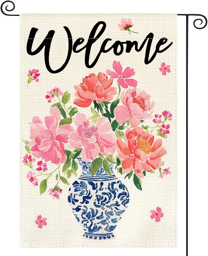 AVOIN colorlife Pink Peony Spring Floral Garden Flag 12x18 Inch Double Sided Outside, Blue and White Chinoiserie Seasonal Welcome Yard Outdoor Flag