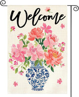 AVOIN colorlife Pink Peony Spring Floral Garden Flag 12x18 Inch Double Sided Outside, Blue and White Chinoiserie Seasonal Welcome Yard Outdoor Flag