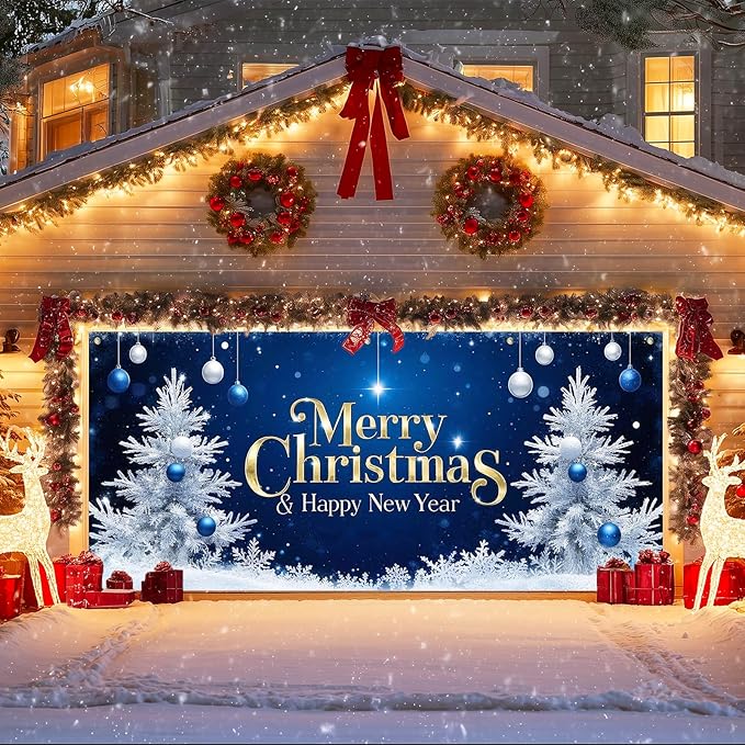IVN Christmas Garage Door Cover Decoration 13x6ft Blue Night Sky White Trees Gold Lettering Ornaments Merry Christmas Winter Garage Door Banner Home Door Front Yard Decor for Xmas Eve Holiday Outdoor