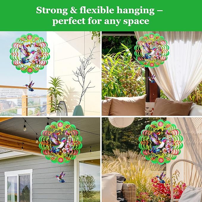 FACIACC Wind Spinners Outdoor,Hummingbird Metal 3D Hanging Garden Decor, 12-inch Stainless Steel Wind Spinner with Tail Spinner, Wind Sculptures for Indoor Patio Lawn Yard, Ornament Gift for Women/Men
