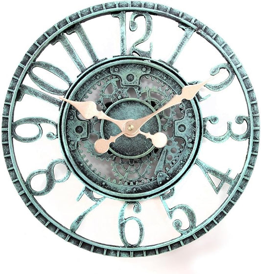 Lily's Home Hanging Wall Clock, Steampunk Gear and Cog Design with a Pewter Finish, Ideal for Indoor or Outdoor Clock, Poly-Resin (12 Inches Diameter)
