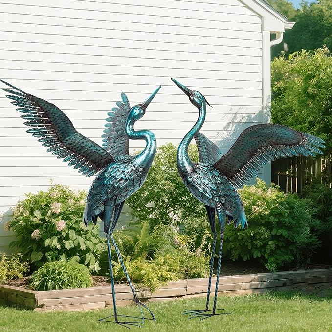 chisheen Garden Statue Outdoor Metal Heron Crane Yard Art Sculpture for Lawn Patio Backyard Decoration,46 inch (2-Pack) (Blue&Black)