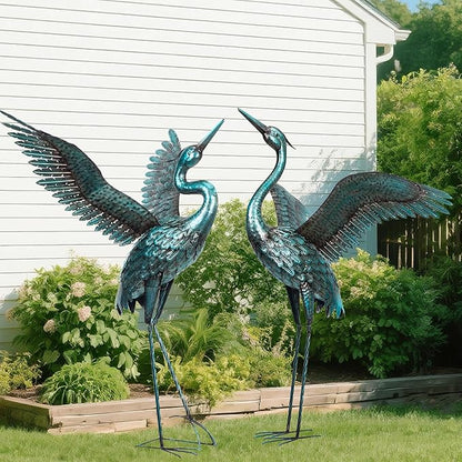 chisheen Garden Statue Outdoor Metal Heron Crane Yard Art Sculpture for Lawn Patio Backyard Decoration,46 inch (2-Pack) (Blue&Black)