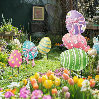AnyDesign Easter Garden Stakes Welcome Metal Yard Sign Easter Decorations Outdoor Stacked Egg with Bow Decorative Lawn Sign for Spring Farmhouse Home Outside Lawn Porch Walkway Decor, 2 Sets