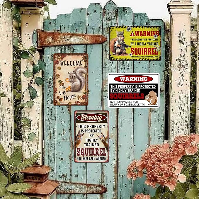 Funny Squirrel Metal Signs for Outdoor Yard Garden Decor - Animal House Decorations Squirrels Lovers Gifts Warning sign Accessories 8x12 Inch