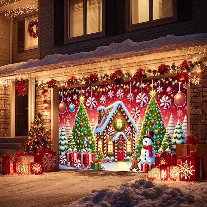 HOMETITUTE Christmas Garage Door Banner 13x6ft Gingerbread House Snowman Candy Cane Holiday Backdrop Winter Scene Indoor Outdoor Wall Hanging Seasonal Party Decorations Festive Porch Entry