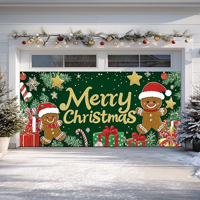 IVN Merry Christmas Garage Door Banner 13x6ft Festive Backdrop Gingerbread Cookie Gifts Green Photo Prop Background for Joyful Holiday Yard Door Cover Background Outdoor Winter Scene