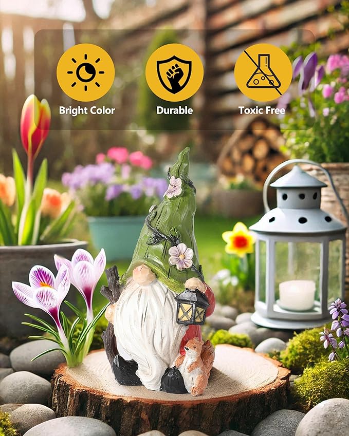 GoGnome Hand-Painted Resin Garden Gnome with Squirrel Figurine - 6.5" Tall Summer and Spring Decorations for Home, Yard, and Garden - Unique Gnome Gifts for All Ages (Green)