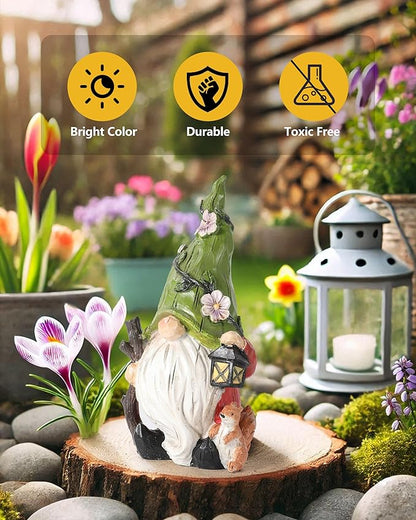 GoGnome Hand-Painted Resin Garden Gnome with Squirrel Figurine - 6.5" Tall Summer and Spring Decorations for Home, Yard, and Garden - Unique Gnome Gifts for All Ages (Green)