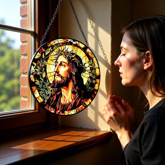 Stained Glass Window Hanging - Jesus Suncatcher, Sun Catchers Decor for Window Hanging, Christian Gifts for Women Men Mom Wife Religious Faith Home Decor 7.8in
