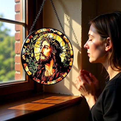 Stained Glass Window Hanging - Jesus Suncatcher, Sun Catchers Decor for Window Hanging, Christian Gifts for Women Men Mom Wife Religious Faith Home Decor 7.8in