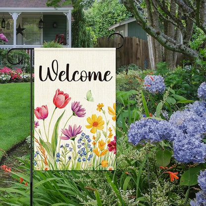 Spring Floral Welcome Garden Flag for Outside,Welcome Spring Yard Flag for Lawn Porch Flags for Outdoor Decorations 12x18 Inch Double Sided