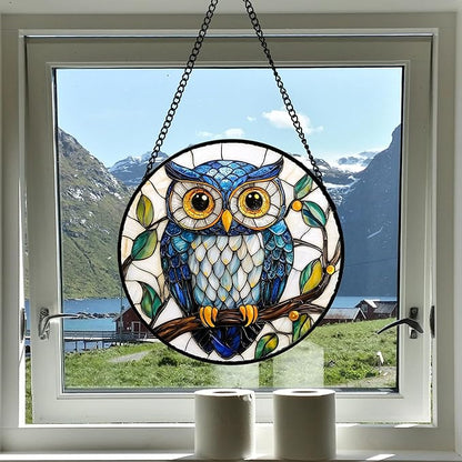 DASTOLL Stained Glass Window Hanging, Owl Gifts for Women Sun Catchers Diamond Glass Panel Hangings Birds Suncatcher Decor for Birthday for Women, Men, Wife, Aunt, and Mom 11.8x11.8 in