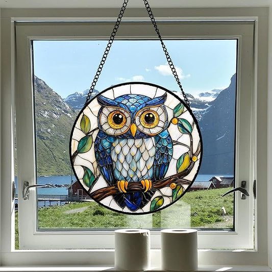 DASTOLL Stained Glass Window Hanging, Owl Gifts for Women Sun Catchers Diamond Glass Panel Hangings Birds Suncatcher Decor for Birthday for Women, Men, Wife, Aunt, and Mom 11.8x11.8 in