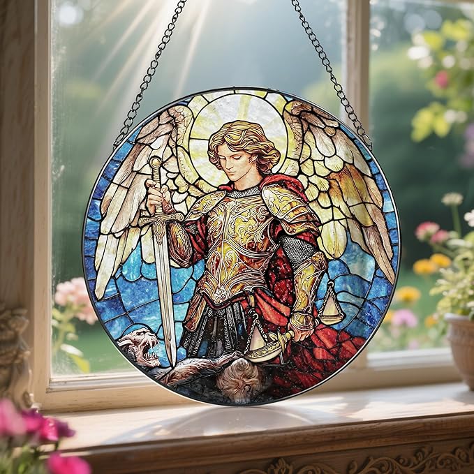 Stained Glass Suncatcher, Archangel Michael Sun Catcher Ornament; Stained Glass Window Hanging, Warrior Angel Window Decor, Spiritual Protection Decor, Christmas Ornament; Christian Religious Gifts