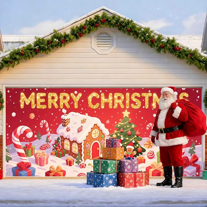 IVN Christmas Garage Door Cover Decoration 13x6ft Gingerbread House Christmas Tree Candy Path Merry Christmas Garage Door Banner Home Door Front Yard Decor for Xmas Eve Holiday Outdoor