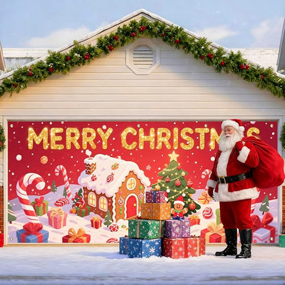 IVN Christmas Garage Door Cover Decoration 13x6ft Gingerbread House Christmas Tree Candy Path Merry Christmas Garage Door Banner Home Door Front Yard Decor for Xmas Eve Holiday Outdoor