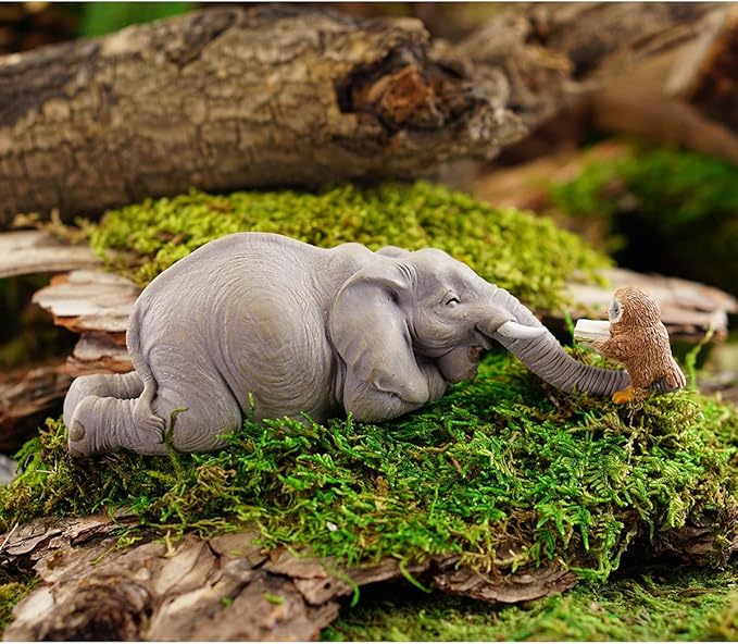 Top Collection Miniature Garden Elephant Reading Book with Owl, Gray