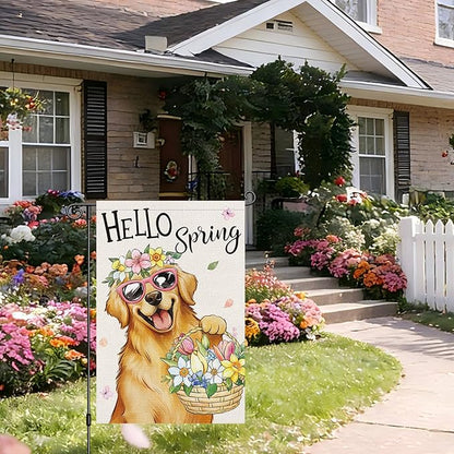 Heyfibro Hello Spring Golden Retriever Garden Flag 12x18 Inch Double Sided Spring Flowers Garden Flag Small House Flags for Outside Yard Farmhouse Holiday Seasonal Outdoor Decorations