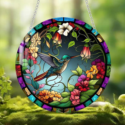 Stained Glass Window Hanging,Paint Bird Flower Suncatcher Diamond Glass Panel Bird Sun Catchers Decor for Birthday for Women, Men, Wife, Aunt, and Friends 5.9x5.9 in