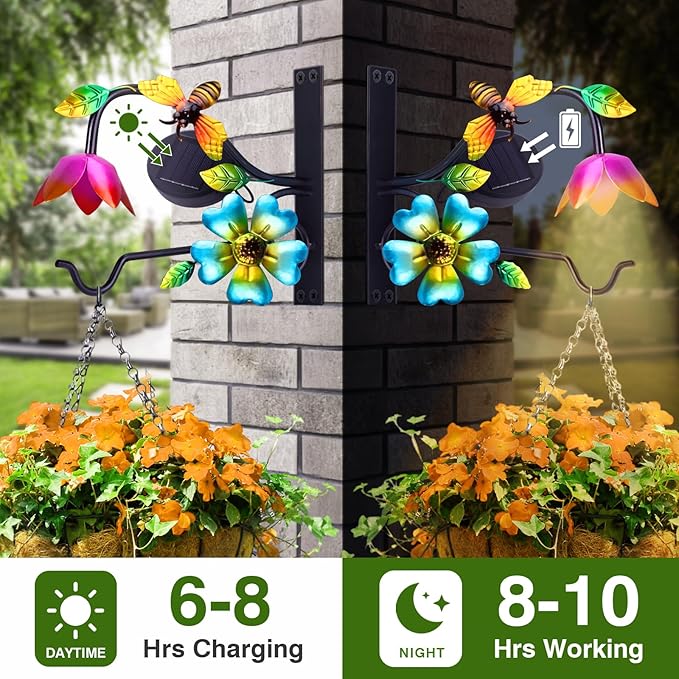 Lewondr Plant Hangers with Solar Light,9 Inch Metal Hanging Plant Bracket Outside,Bee Plant Wall Hook Solar Lights Outdoor for Wall,Flower Basket,Bird Feeder,Lantern,Wind Chime,2 Pack