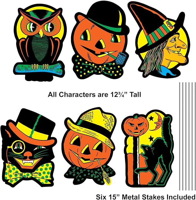 Beistle 6 Piece 12.75" x 10" Corrugated Plastic Vintage Halloween Yard Signs With Metal Stakes, Retro Fall Lawn Décor For Outdoors, Made In USA Since 1900