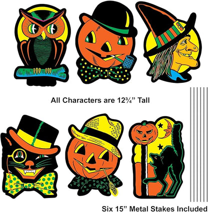 Beistle 6 Piece 12.75" x 10" Corrugated Plastic Vintage Halloween Yard Signs With Metal Stakes, Retro Fall Lawn Décor For Outdoors, Made In USA Since 1900