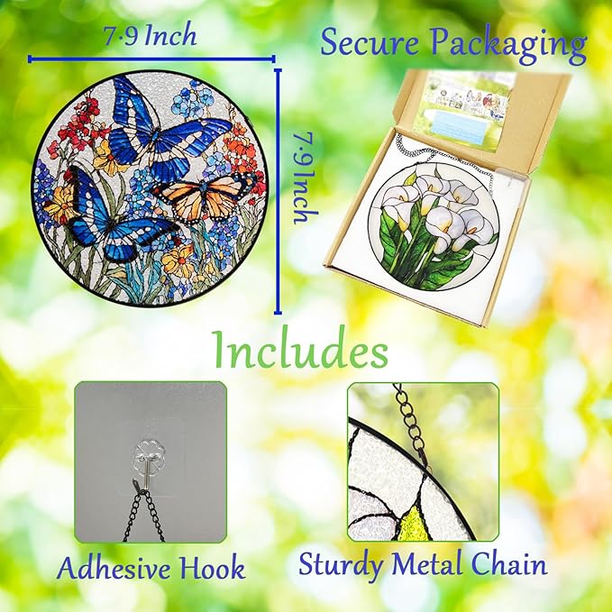 Double Sided Stained Glass Window Hanging, 7.9" Sun Catcher Panel, Green Plant Wall Art for Home & Garden, Unique Gift for Women & Men (Butterflies&Wildflowers, 7.9 Inch)