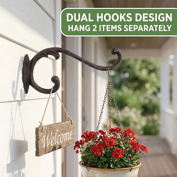 Z metnal Cast Iron Plant Hanger - 9 inch Rustic Wall Mounted Hanging Basket Holder for Outdoor Garden, Patio, Porch Decor - Heavy Duty Metal Hook Bracket, Double Hook