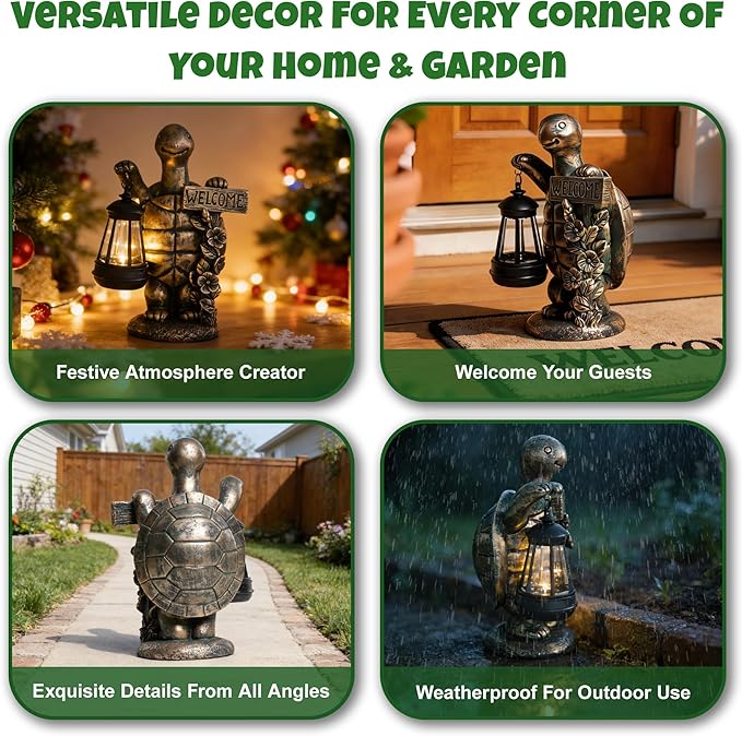 Solar Garden Statues, Resin Turtle Statue w/ Welcome Sign, Waterproof Figurine Solar Latern for Outside Yard Outdoor Home Patio Lawn Decor, Solar Animal Lights for Adults Women Birthday Easter Gifts