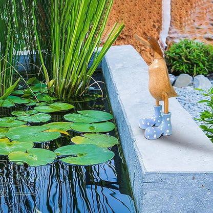Wooden Crafted Duck Figurine with Spotty Wellies Funny Standing Duck Statues Decorative Resin Rain Boot Animal Sculpture Collectible Crafts Waterproof Garden Lawn Ornament (Blue, 7.9Inch)