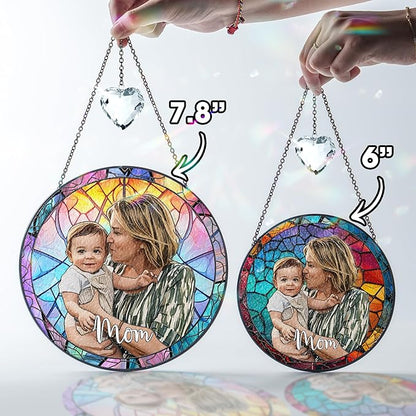 VINATIMES Personalized Grandma Stained Glass Suncatcher, Photo Family Faux Stained Glass Window Hanging Ornament, Custom Grandparent Day 2025 Gifts for Grandma, Birthday Gift for Dad, Grandpa
