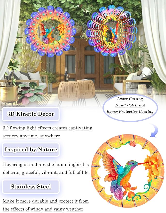 Hummingbird Wind Spinners Outdoor Garden Decor for Outside - 12 Inch 3D Stainless Steel Metal Wind Spinners - Hummingbird Gardening Gifts for Women, Yard Decorations Outdoor Hanging Decor